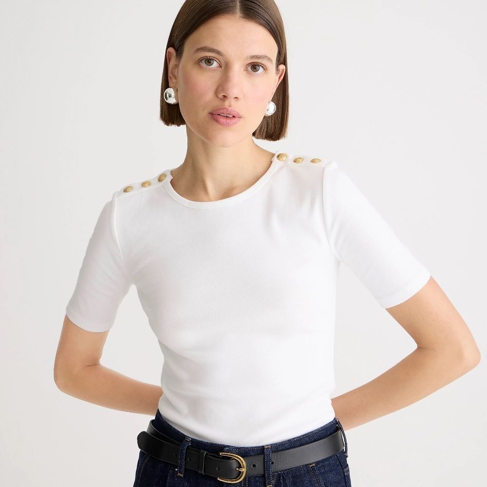 J. Crew White Short Sleeve Blouse with Gold Buttons
